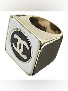 CHANEL w/ COA Gold-Tone CC Square Signet Ring - White & Black